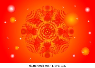 Gradient red background with a flower gold pattern in the center surrounded by bright sparkling stars and planets.