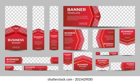 Gradient Red Banner templates set with standard size for web. Business banner with place for photos for Social Media, Cover ads banner, flyer, invitation card. Vector EPS 10
