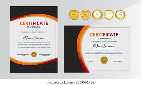 Gradient red and black luxury certificate with gold badge set For award, business, and education needs
