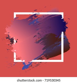 Gradient red blue strokes with paint brush texture in a white square frame isolated on red background. Vector illustration for sale banner, logo. Design for premium festive card or poster design.