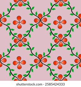 Gradient red flowers and small green leaves on a pink background.