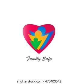 gradient red love shape with three different color of person in blue orange and green. family safe logo vector
