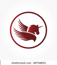 gradient red maroon head silhouette of unicorn with wings in a circle frame