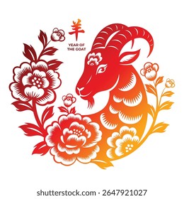 Gradient Red and Orange Goat with Floral Elements for Chinese New Year Vector Sign or Symbol. Translation : Goat