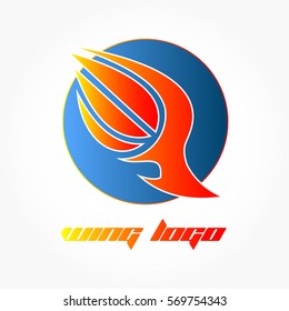 gradient red orange wing logo with white stroke on a gradient blue circle with gradient orange red stroke