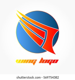 gradient red orange wing logo with white stroke on a gradient blue circle with gradient orange red stroke