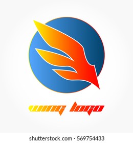 gradient red orange wing logo with white stroke on a gradient blue circle with gradient orange red stroke