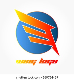 gradient red orange wing logo with white stroke on a gradient blue circle with gradient orange red stroke