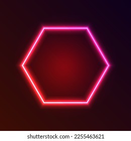 Aislamiento del marco del neón hexágono rojo degradado y rosado sobre fondo oscuro. Forma luminosa de la línea de polígono con efecto brillante sobre el fondo.