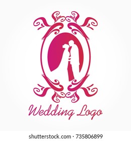 gradient red pink wedding logo vector with oval frame