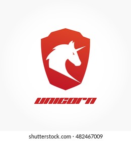 gradient red shield with a white unicorn head icon on it.