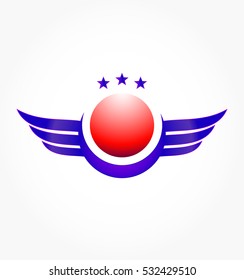 gradient red sphere on blue pad with wings and stars above it for company logo vector