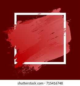 Gradient red strokes with paint brush texture in a white square frame isolated on dark red background. Vector illustration for sale banner, logo. Design for premium festive card or poster design.