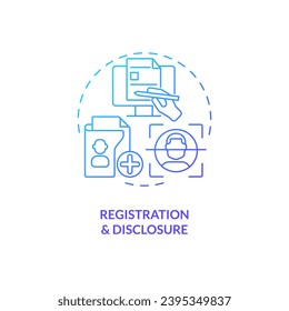 Concepto de icono de registro y divulgación de degradados, vector aislado, ilustración de línea delgada del gobierno de cabildeo.