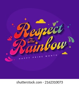 Gradient Respect The Rainbow Font With Hearts, Arc Drops And Cloud On Purple Background.