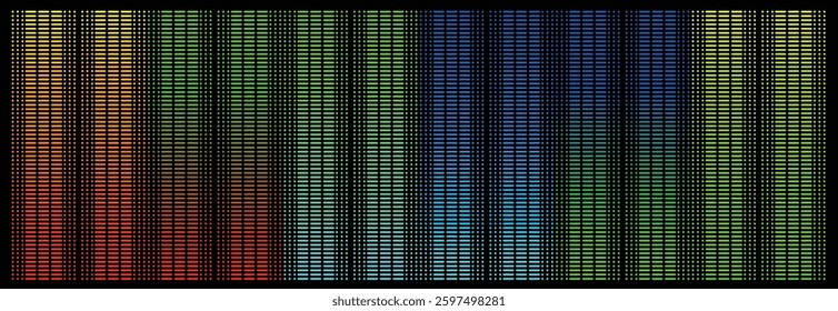 Gradient RGB colorful texture of SOS Morse code (･･･ーーー･･･) for rescue at sea, on black background.