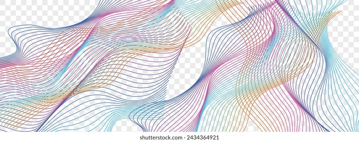 Gradient Ribbon Background Transparent Vector. Lattice Poster. Neon Blend Fashion. Contour Futuristic Template. Rainbow Breeze Soundwave.