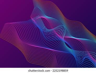 Gradient Ribbon Background Violet Vector. Synergy Illustration. Bright Soundwave Form. Surface Contour Texture. Iridescent Isolated.