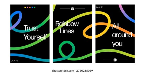 Gradient ribbon swirl poster. Fluid colorful line patterns and ribbon shapes on dark vector background