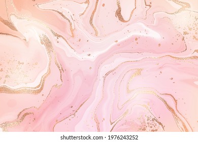 Gradient rose liquid marble watercolor background and glitter foil textured stripes  Pink marbled alcohol ink drawing effect  Vector illustration design template for wedding invitation 