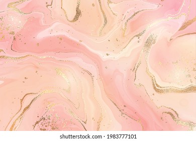 Gradient rose liquid marble or watercolor background with glitter foil textured stripes. Pink marbled alcohol ink drawing effect. Vector illustration design template for wedding invitation.