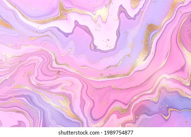 Gradient rose violet liquid marble or watercolor background with glitter foil textured stripes. Purple marbled alcohol ink drawing effect. Vector illustration design template for wedding invitation.