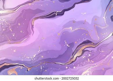 Gradient rose violet liquid marble or watercolor background with glitter foil textured stripes. Purple marbled alcohol ink drawing effect. Vector illustration design template for wedding invitation.