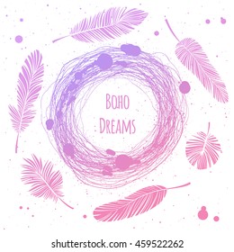 Gradient round nest or wreath with place for your text. Decorative feathers. Vector illustration
