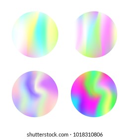 Gradient round set with holographic mesh. Multicolor abstract gradient round set backdrops. 90s, 80s retro style. Iridescent graphic template for banner, flyer, cover, mobile interface, web app.