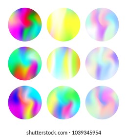 Gradient round set with holographic mesh. Multicolor abstract gradient round set backdrops. 90s, 80s retro style. Pearlescent graphic template for banner, flyer, cover, mobile interface, web app.