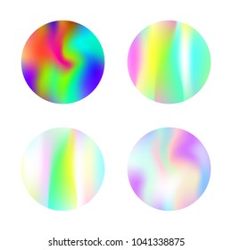 Gradient round set with holographic mesh. Trendy abstract gradient round set backdrops. 90s, 80s retro style. Iridescent graphic template for banner, flyer, cover, mobile interface, web app.