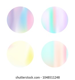 Gradient round set with holographic mesh. Futuristic abstract gradient round set backdrops. 90s, 80s retro style. Iridescent graphic template for banner, flyer, cover, mobile interface, web app.