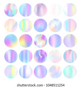 Gradient round set with holographic mesh. Futuristic abstract gradient round set backdrops. 90s, 80s retro style. Iridescent graphic template for banner, flyer, cover, mobile interface, web app.