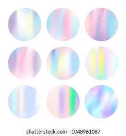 Gradient round set with holographic mesh. Trendy abstract gradient round set backdrops. 90s, 80s retro style. Pearlescent graphic template for brochure, flyer, poster, wallpaper, mobile screen.