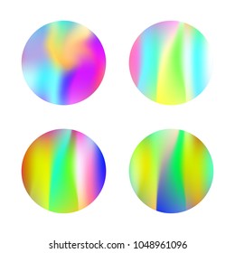 Gradient round set with holographic mesh. Futuristic abstract gradient round set backdrops. 90s, 80s retro style. Iridescent graphic template for brochure, flyer, poster, wallpaper, mobile screen.
