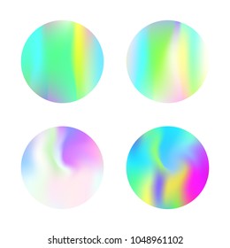 Gradient round set with holographic mesh. Stylish abstract gradient round set backdrops. 90s, 80s retro style. Iridescent graphic template for banner, flyer, cover, mobile interface, web app.