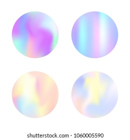 Gradient round set with holographic mesh. Futuristic abstract gradient round set backdrops. 90s, 80s retro style. Pearlescent graphic template for brochure, flyer, poster, wallpaper, mobile screen.