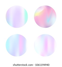 Gradient round set with holographic mesh. Colorful abstract gradient round set backdrops. 90s, 80s retro style. Iridescent graphic template for brochure, flyer, poster, wallpaper, mobile screen.