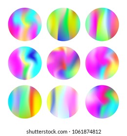 Gradient round set with holographic mesh. Colorful abstract gradient round set backdrops. 90s, 80s retro style. Pearlescent graphic template for brochure, flyer, poster, wallpaper, mobile screen.