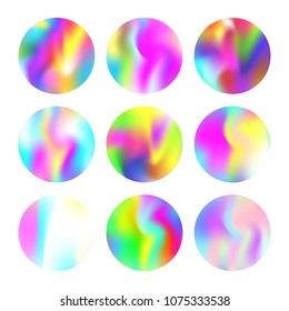 Gradient round set with holographic mesh. Stylish abstract gradient round set backdrops. 90s, 80s retro style. Iridescent graphic template for brochure, flyer, poster, wallpaper, mobile screen.