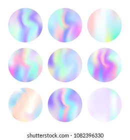 Gradient round set with holographic mesh. Liquid abstract gradient round set backdrops. 90s, 80s retro style. Pearlescent graphic template for banner, flyer, cover, mobile interface, web app.