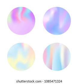 Gradient round set with holographic mesh. Plastic abstract gradient round set backdrops. 90s, 80s retro style. Iridescent graphic template for brochure, flyer, poster, wallpaper, mobile screen.