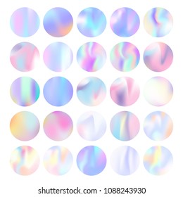 Gradient round set with holographic mesh. Stylish abstract gradient round set backdrops. 90s, 80s retro style. Pearlescent graphic template for brochure, flyer, poster, wallpaper, mobile screen.