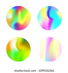 Gradient round set with holographic mesh. Futuristic abstract gradient round set backdrops. 90s, 80s retro style. Pearlescent graphic template for brochure, flyer, poster, wallpaper, mobile screen.