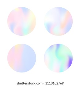 Gradient round set with holographic mesh. Stylish abstract gradient round set backdrops. 90s, 80s retro style. Iridescent graphic template for brochure, flyer, poster, wallpaper, mobile screen.