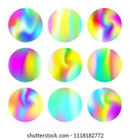 Gradient round set with holographic mesh. Stylish abstract gradient round set backdrops. 90s, 80s retro style. Pearlescent graphic template for brochure, flyer, poster, wallpaper, mobile screen.