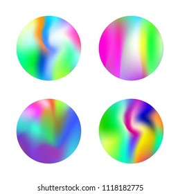 Gradient round set with holographic mesh. Colorful abstract gradient round set backdrops. 90s, 80s retro style. Pearlescent graphic template for brochure, flyer, poster, wallpaper, mobile screen.