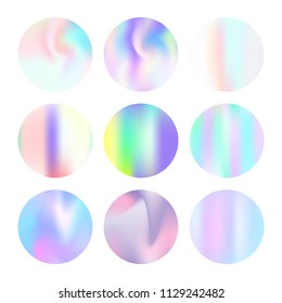 Gradient round set with holographic mesh. Colorful abstract gradient round set backdrops. 90s, 80s retro style. Pearlescent graphic template for banner, flyer, cover, mobile interface, web app.