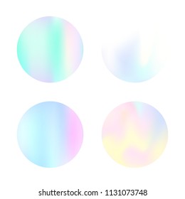 Gradient round set with holographic mesh. Minimal abstract gradient round set backdrops. 90s, 80s retro style. Pearlescent graphic template for brochure, flyer, poster, wallpaper, mobile screen.