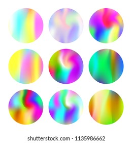 Gradient round set with holographic mesh. Stylish abstract gradient round set backdrops. 90s, 80s retro style. Iridescent graphic template for banner, flyer, cover, mobile interface, web app.
